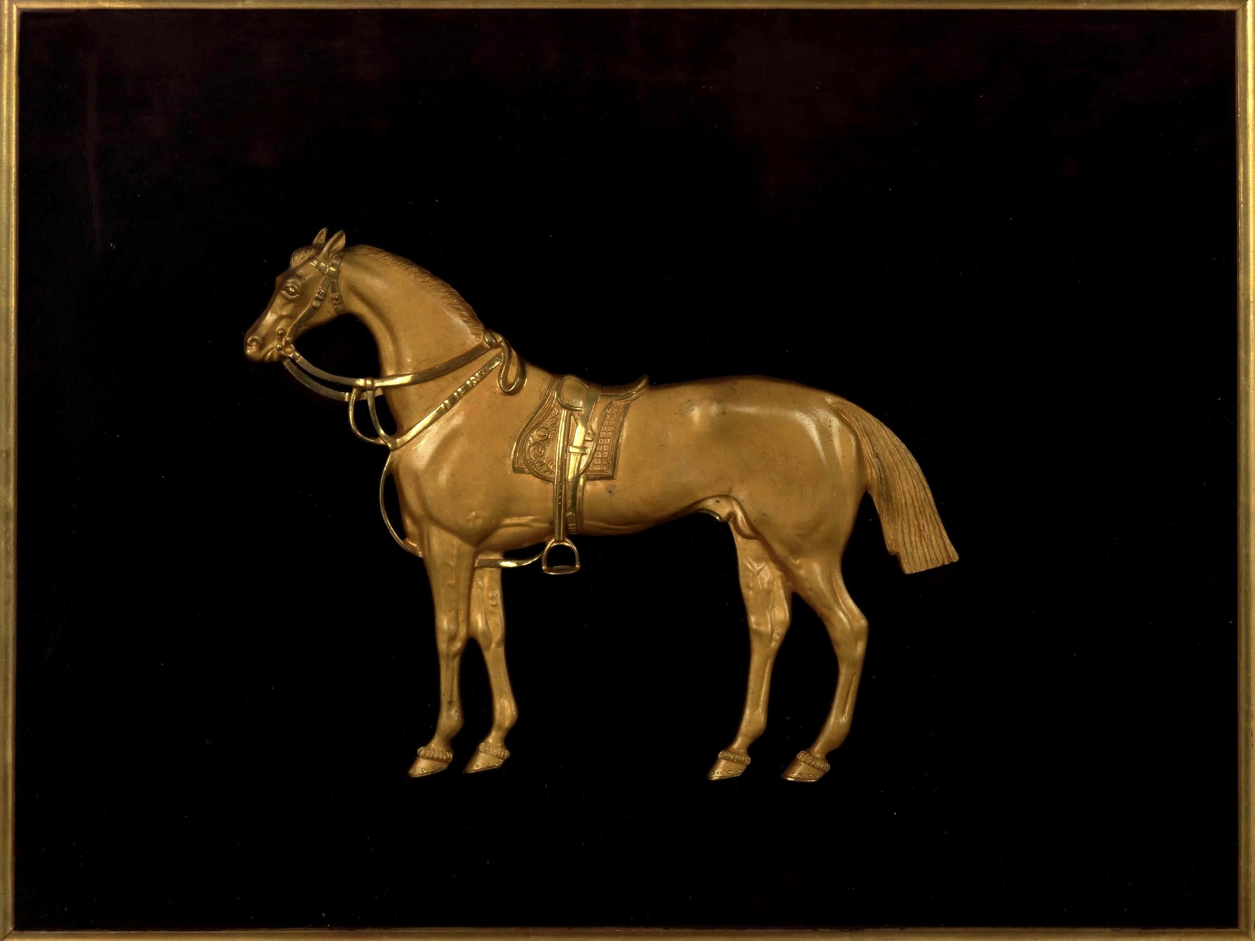 Romantic Pair of English Antique Gilt Bronze Equestrian Sculpture Plaques, 19th Century