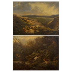 Pair of English Antique Hunt Scene Landscape Paintings with Setter Dogs