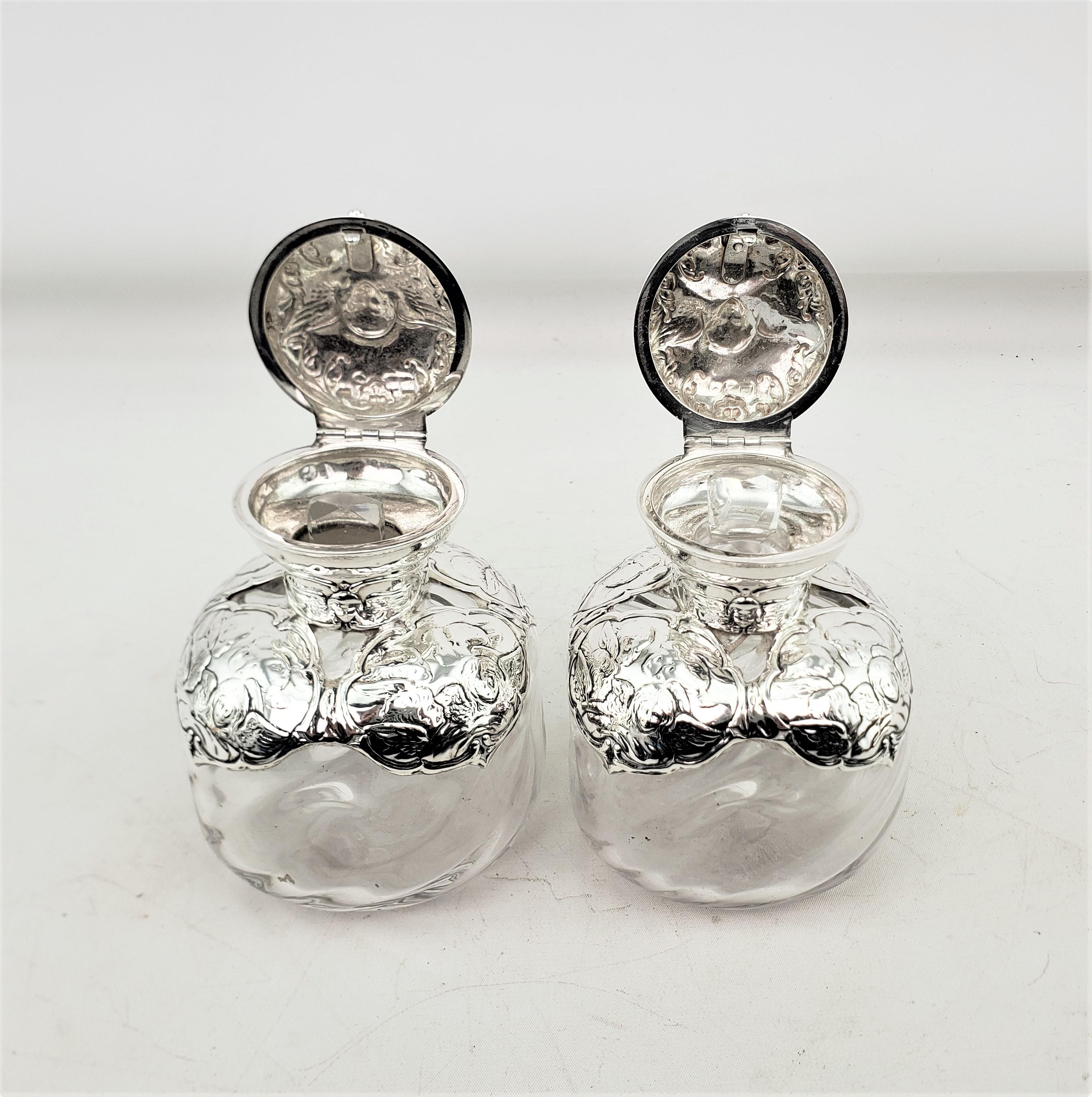 Pair of English Antique Perfume Bottles with Sterling Silver Repousse Angels For Sale 3