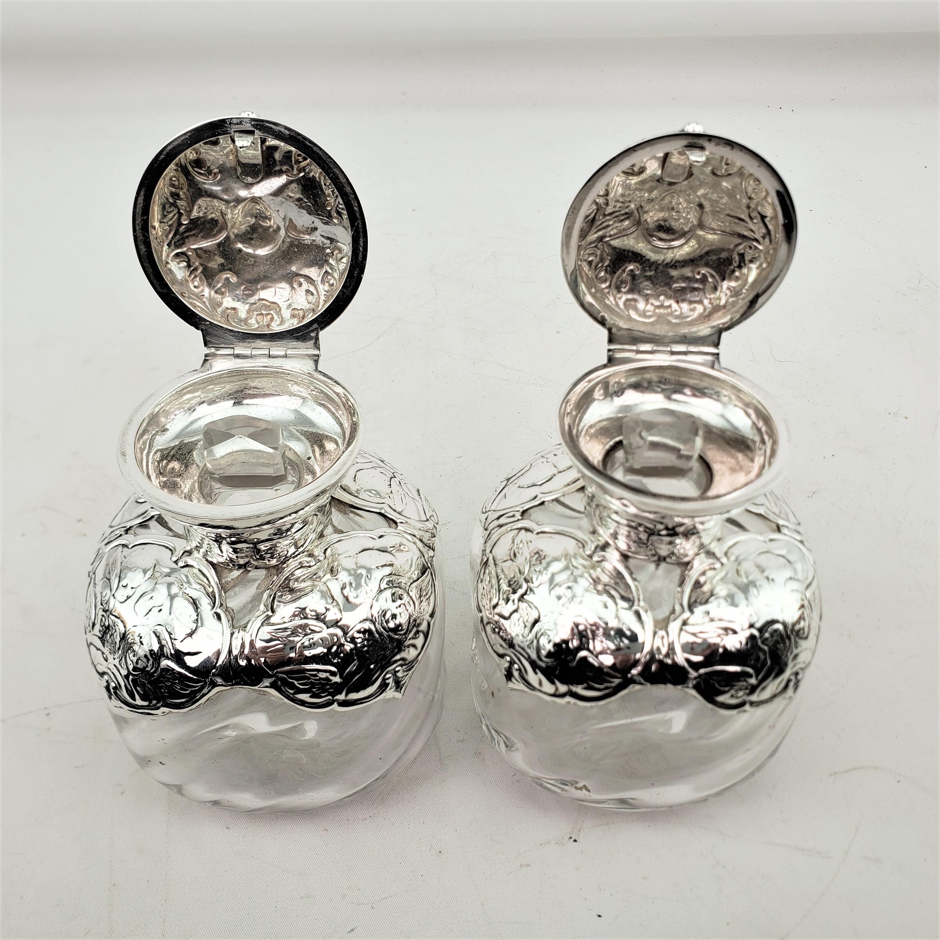Pair of English Antique Perfume Bottles with Sterling Silver Repousse Angels For Sale 4