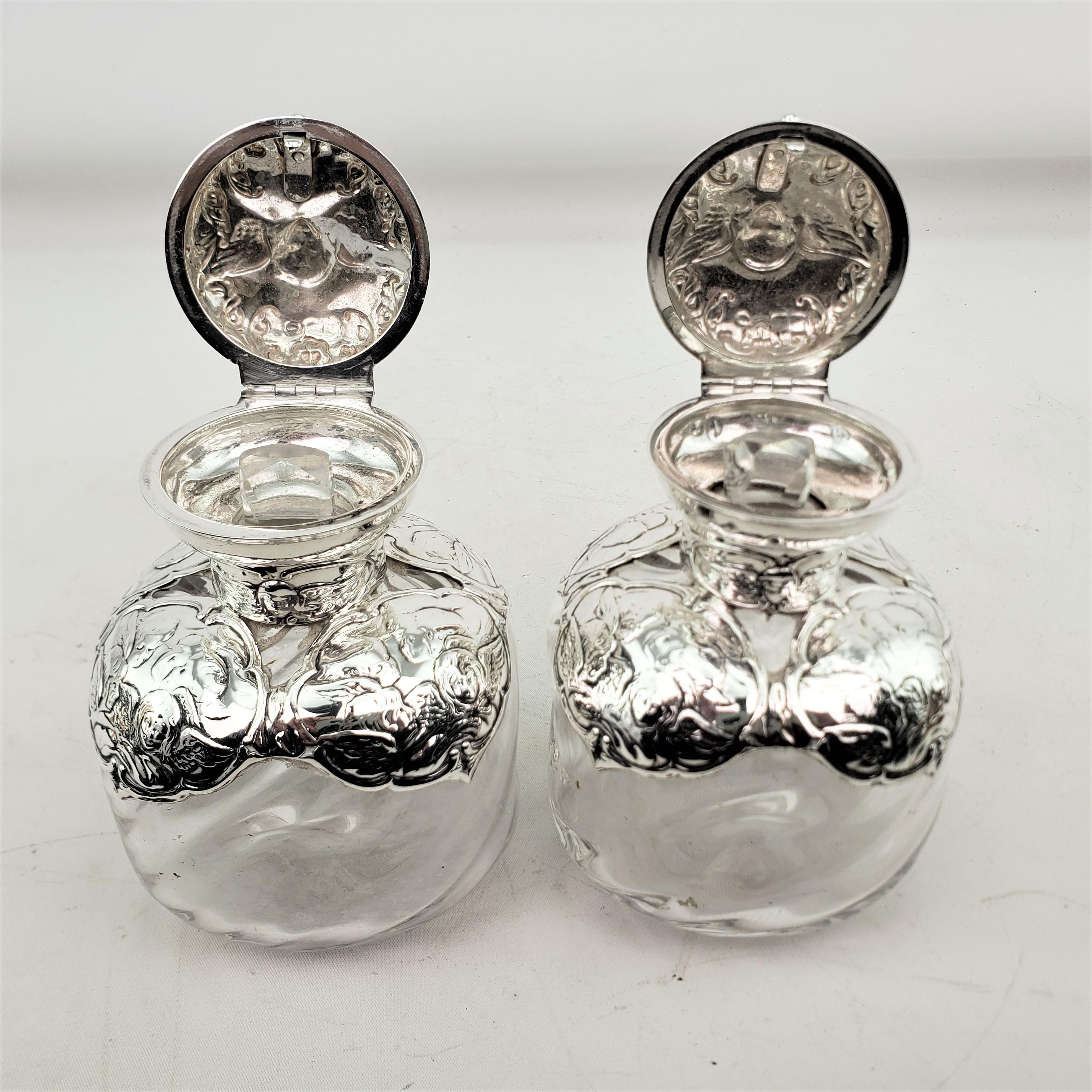Pair of English Antique Perfume Bottles with Sterling Silver Repousse Angels For Sale 5
