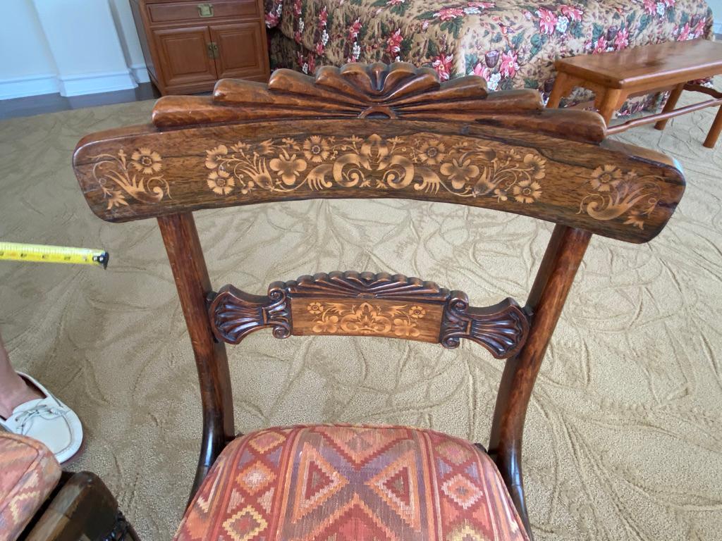 Pair of antique English Regency side chairs hand carved and made with marquetry inlay designs of flowers etc. to the back top and splat not the fan design also to the back areas The legs are charming in the front with stylized column design and back