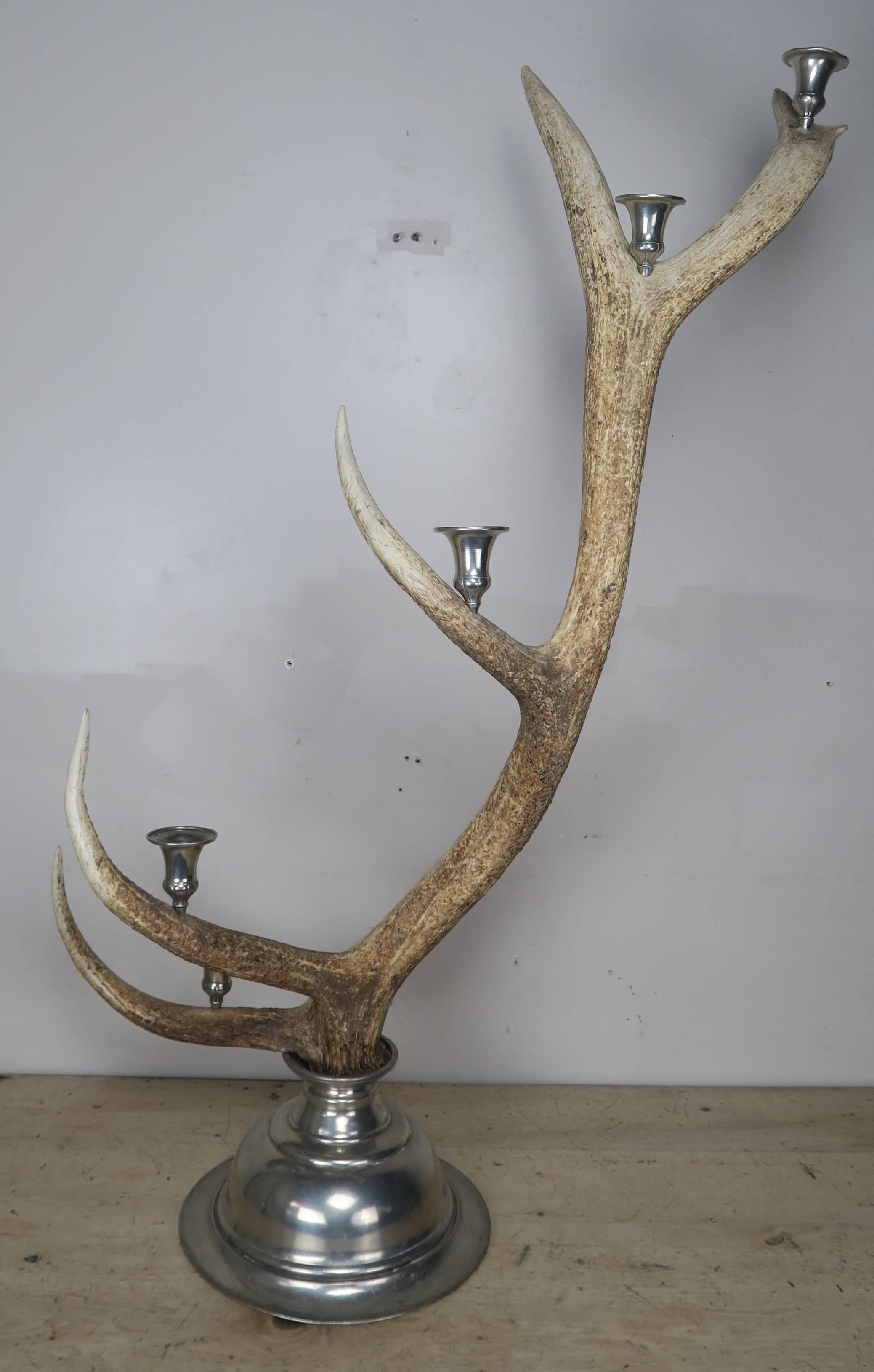 Early 20th Century Pair of English Antler and Pewter Candleholders, circa 1900
