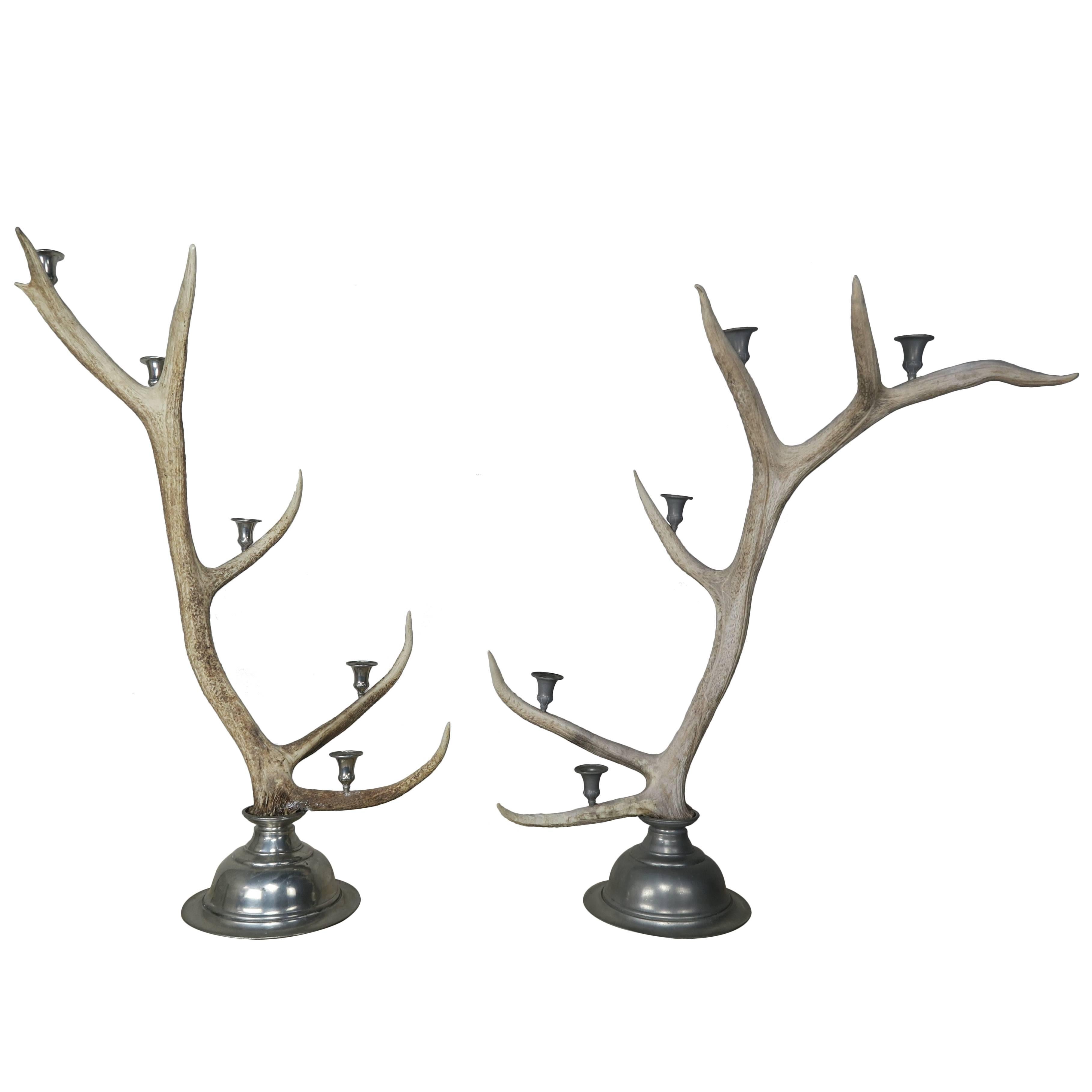 Pair of English Antler and Pewter Candleholders, circa 1900