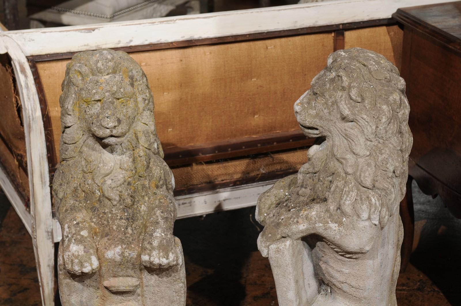 Pair of English Armorial Carved Stone Lion Sculptures with Shields, circa 1920 6