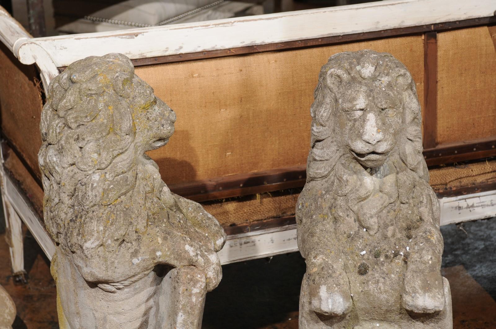 Pair of English Armorial Carved Stone Lion Sculptures with Shields, circa 1920 1