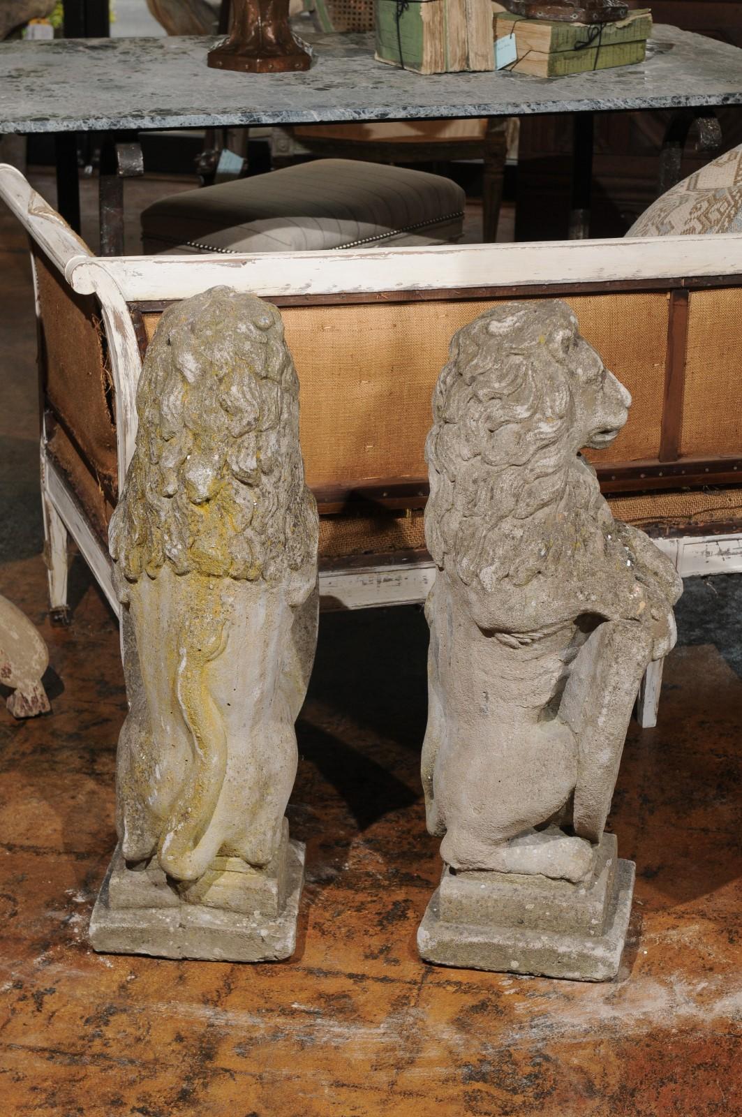 Pair of English Armorial Carved Stone Lion Sculptures with Shields, circa 1920 3