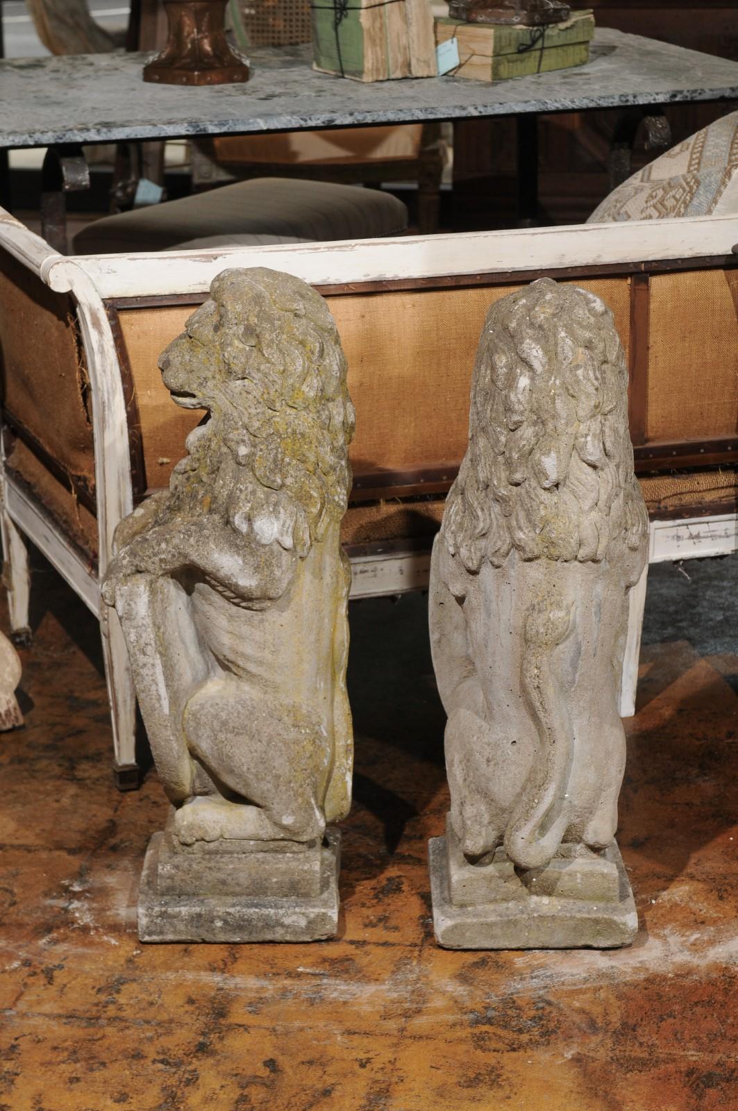 Pair of English Armorial Carved Stone Lion Sculptures with Shields, circa 1920 4