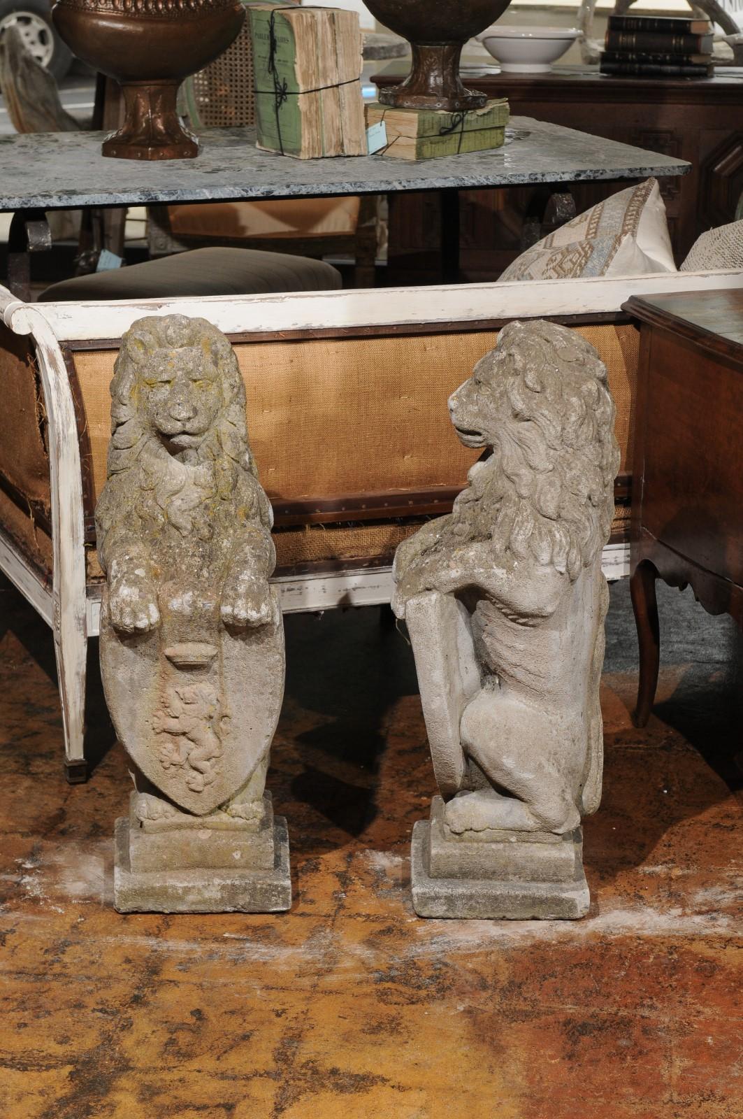 Pair of English Armorial Carved Stone Lion Sculptures with Shields, circa 1920 5