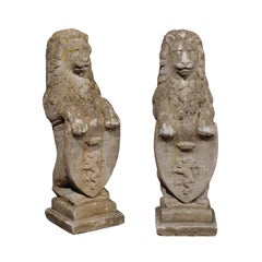 Pair of English Armorial Carved Stone Lion Sculptures with Shields, circa 1920