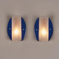 Pair of English Art Deco 1930s Crystex and royal blue mirrored wall lights