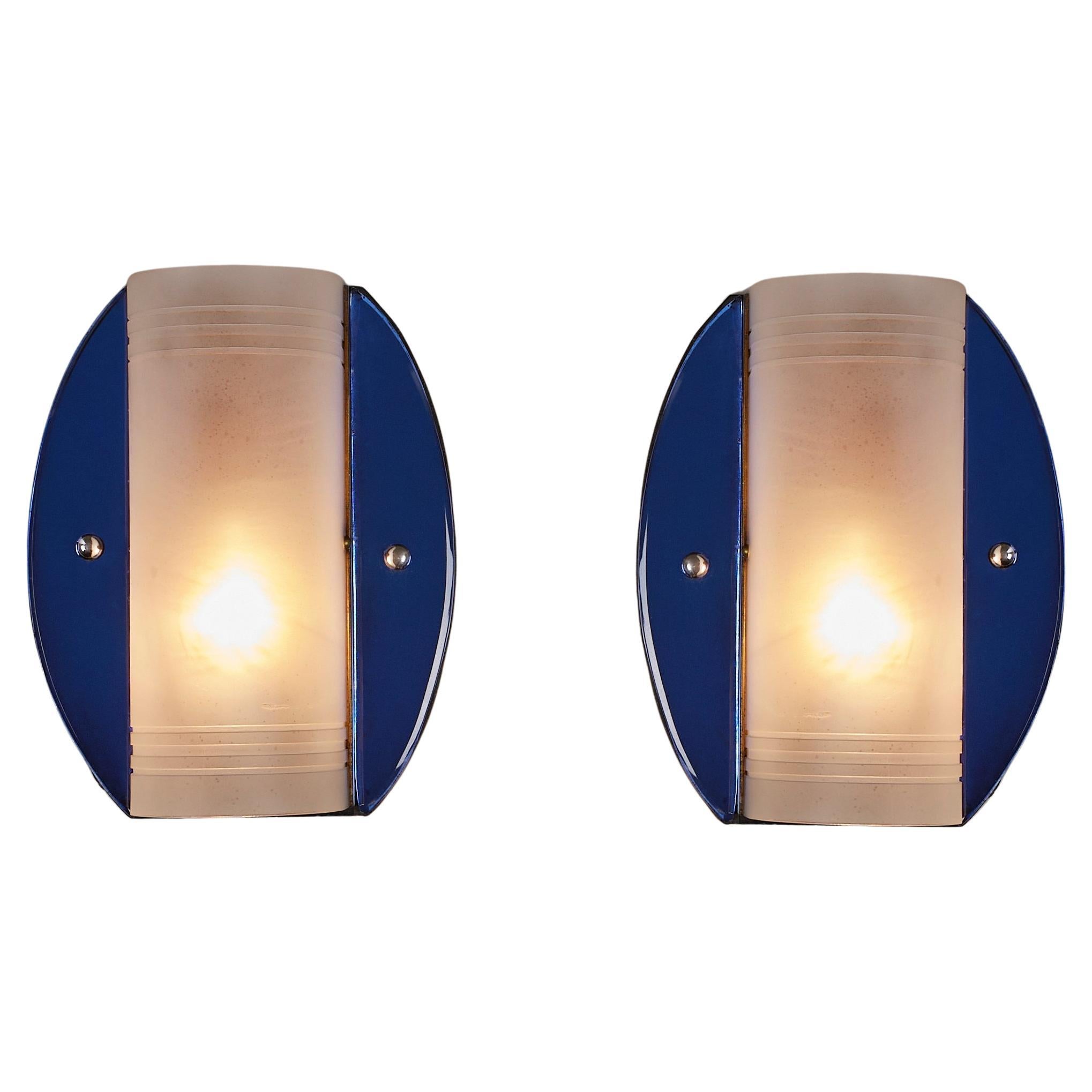 Pair of English Art Deco 1930s Crystex and royal blue mirrored wall lights