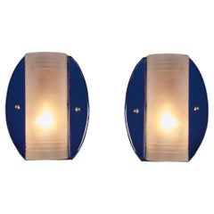 Pair of English Art Deco 1930s Crystex and royal blue mirrored wall lights
