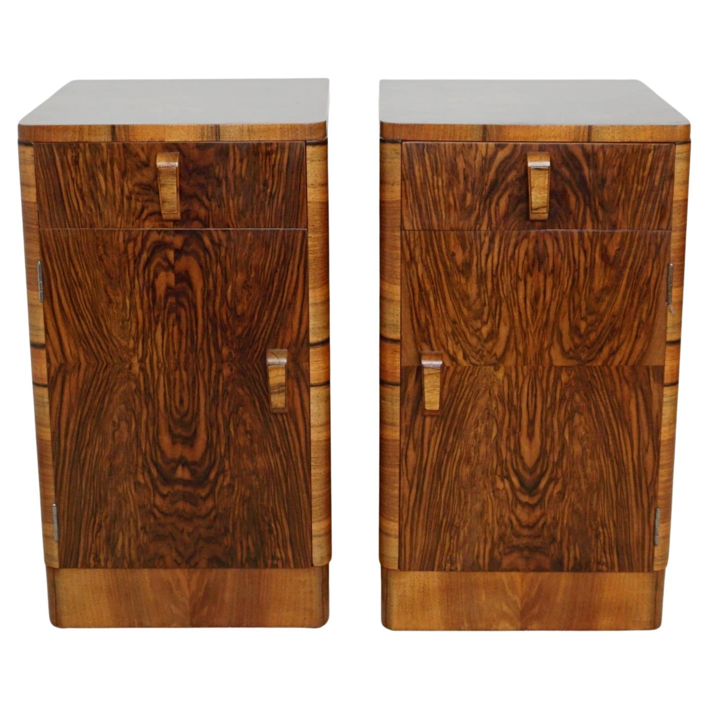Pair of English Art Deco Burr Walnut Bedside Cabinets 