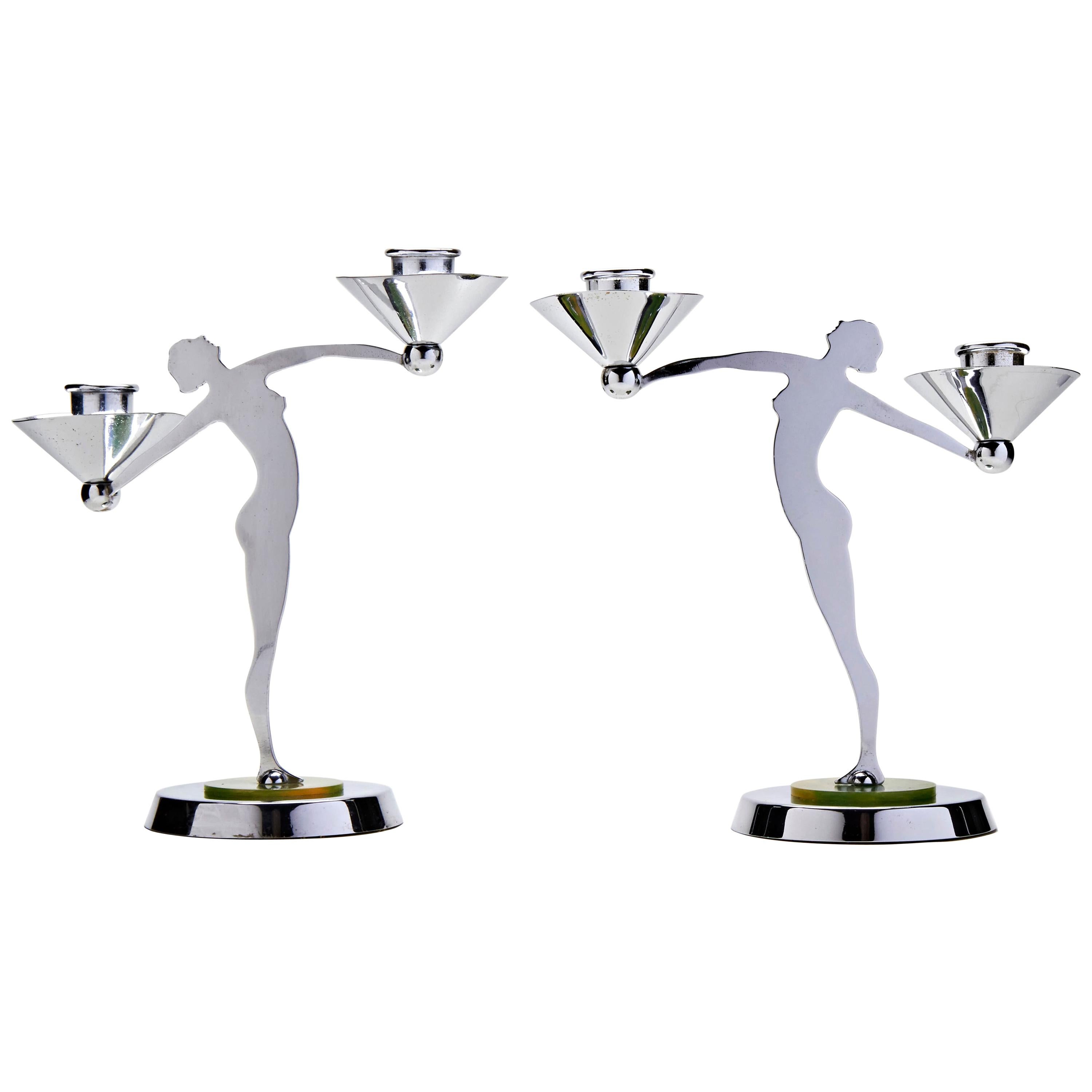 Pair of English Art Deco Chrome and Bakelite Nude Figural Double Candleholders For Sale