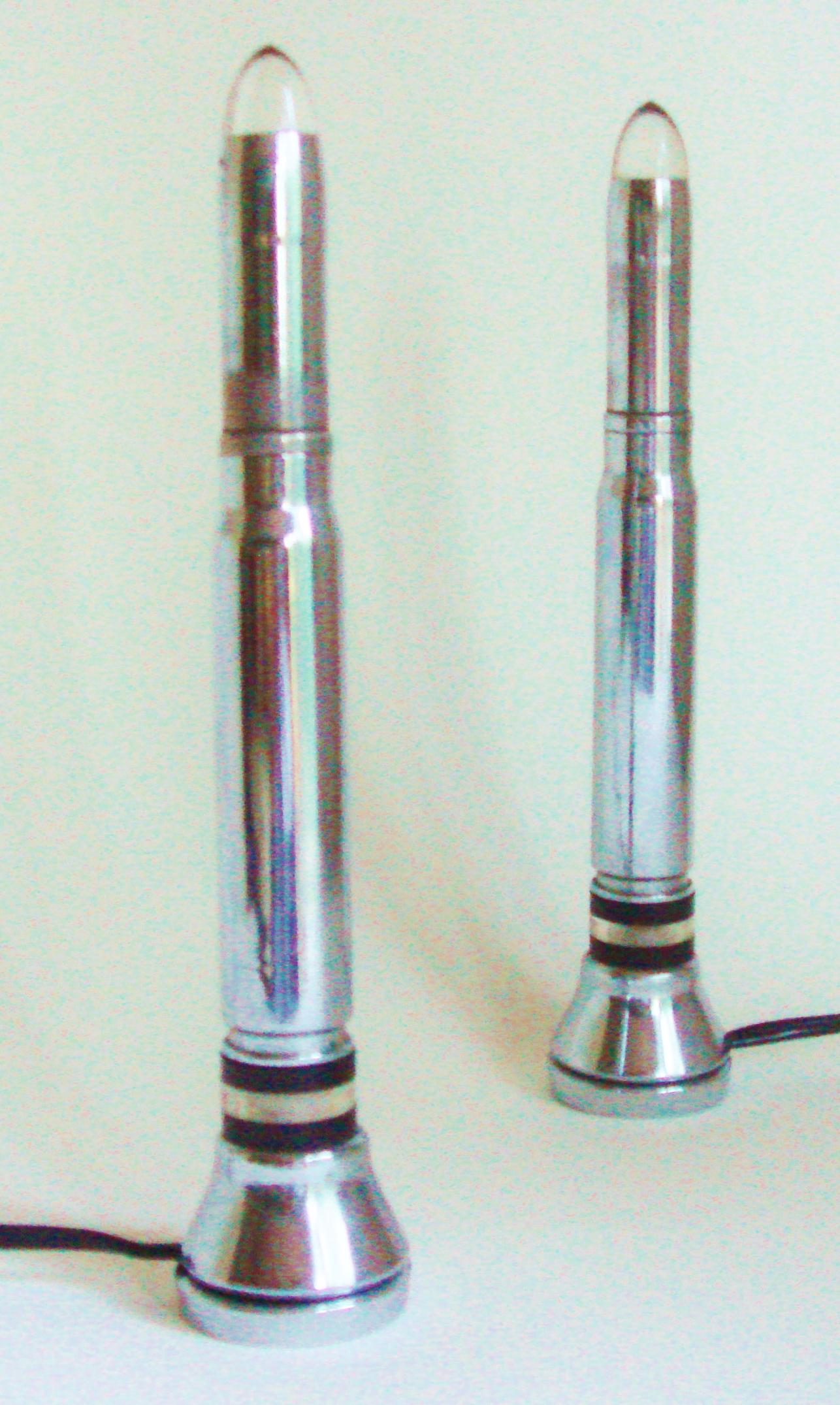 Molded Pair of English Art Deco Chrome and Bakelite Spitfire Bullet Faux-Candle Lamps