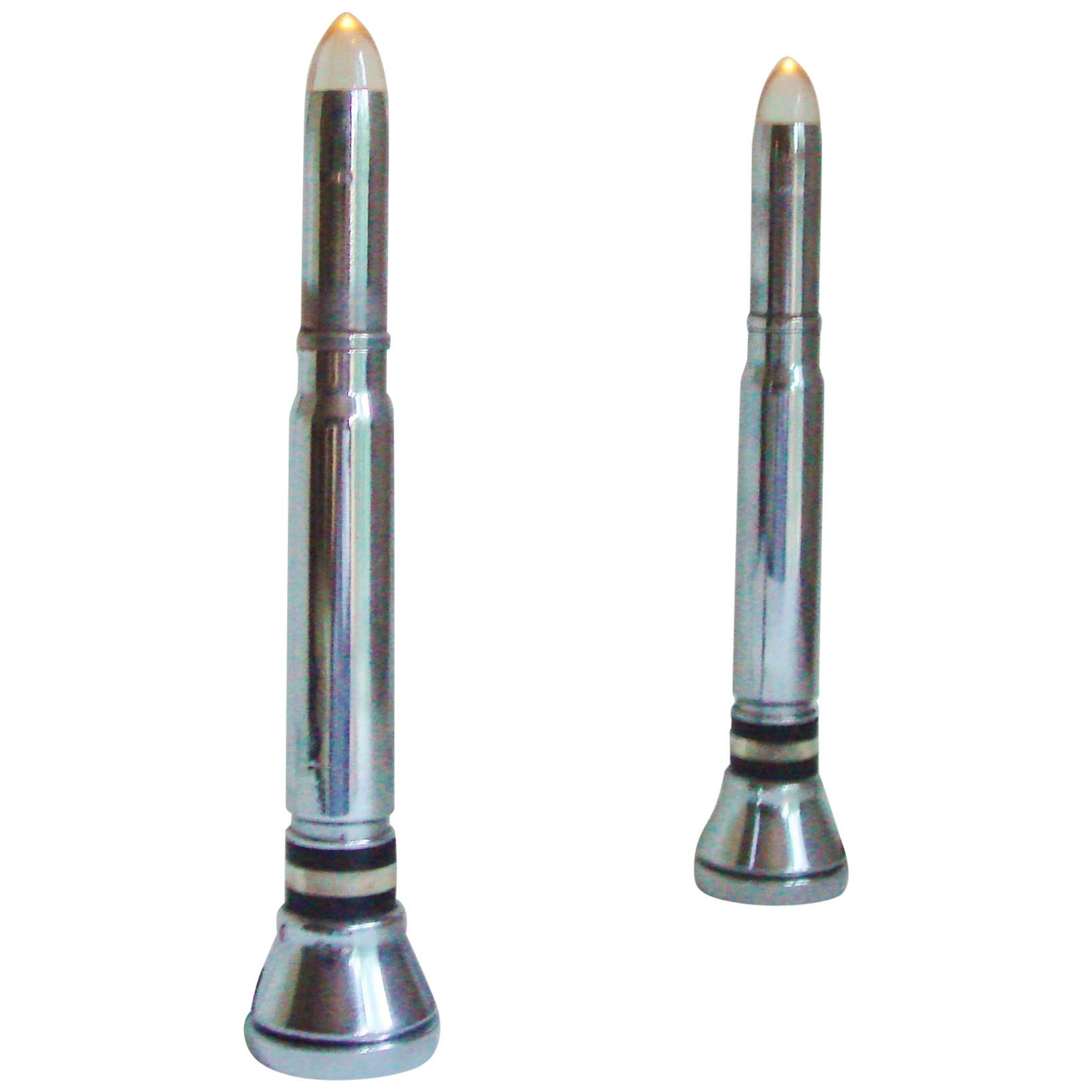 Pair of English Art Deco Chrome and Bakelite Spitfire Bullet Faux-Candle Lamps