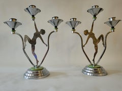 Pair of English Art Deco Chrome & Bakelite Figural Nude Triple Candleholders