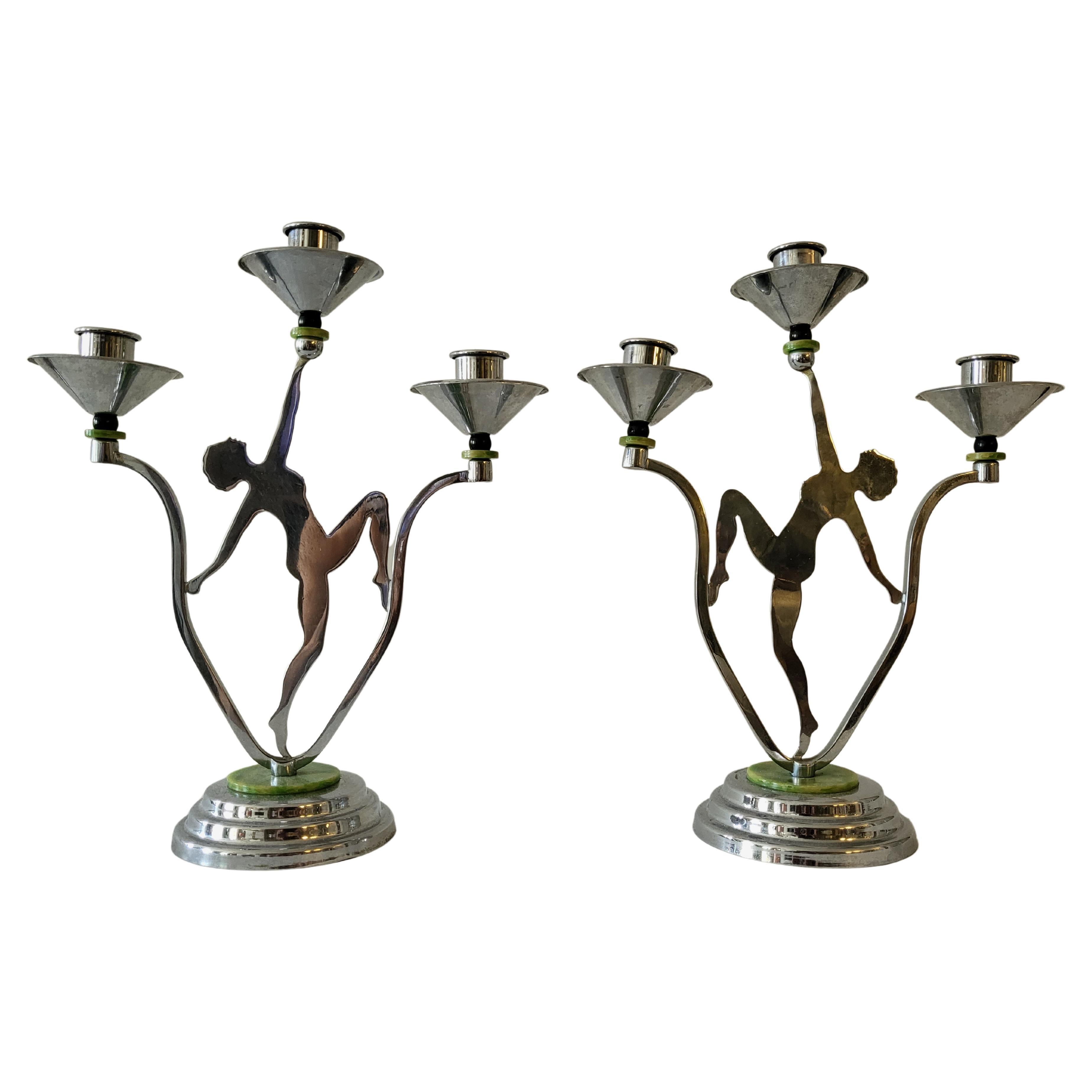 Pair of English Art Deco Chrome & Bakelite Figural Nude Triple Candleholders For Sale