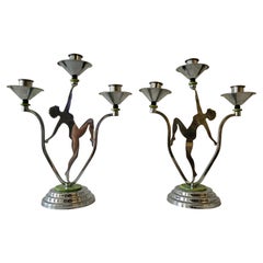Vintage Pair of English Art Deco Chrome & Bakelite Figural Nude Triple Candleholders