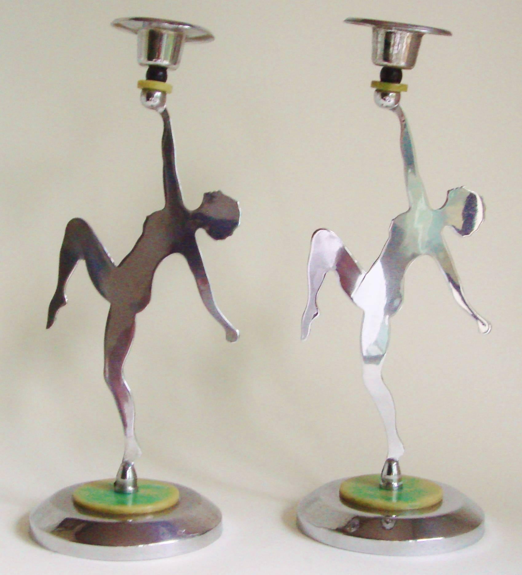 Molded Pair of English Art Deco Chrome Figural Nude Candlesticks with Bakelite Accents For Sale
