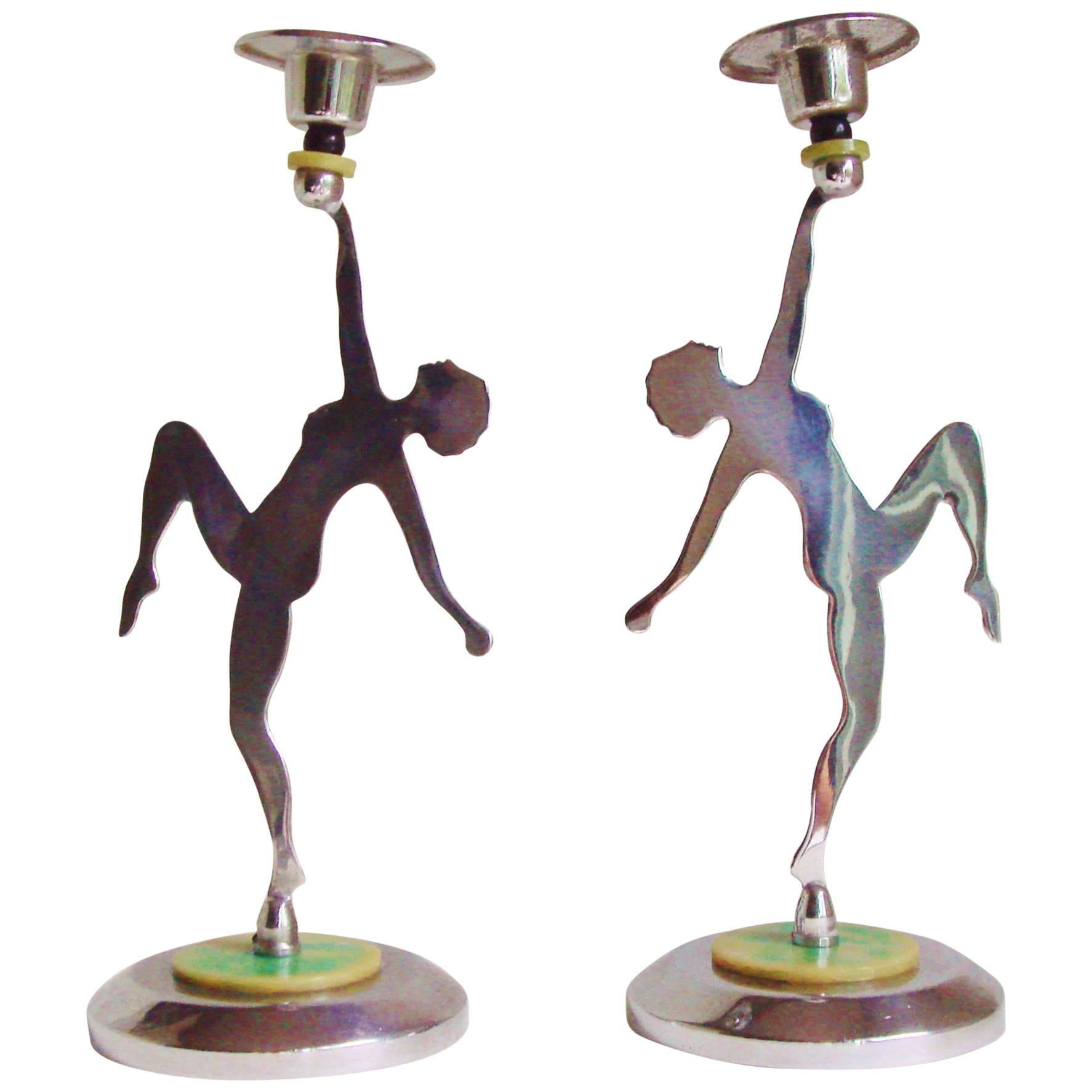 Pair of English Art Deco Chrome Figural Nude Candlesticks with Bakelite Accents For Sale