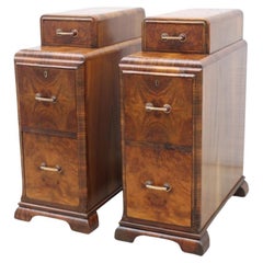 Pair of English Art Deco Figured Walnut Bedside Cabinets