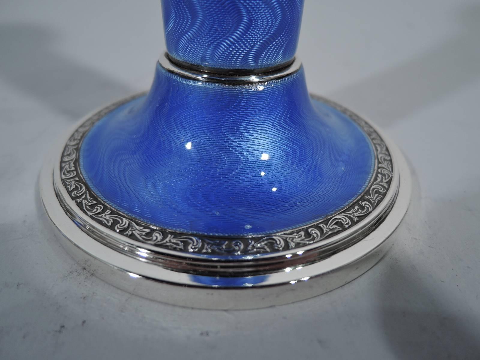 Pair of English Art Deco Sterling Silver and Blue Enamel Candlesticks 1