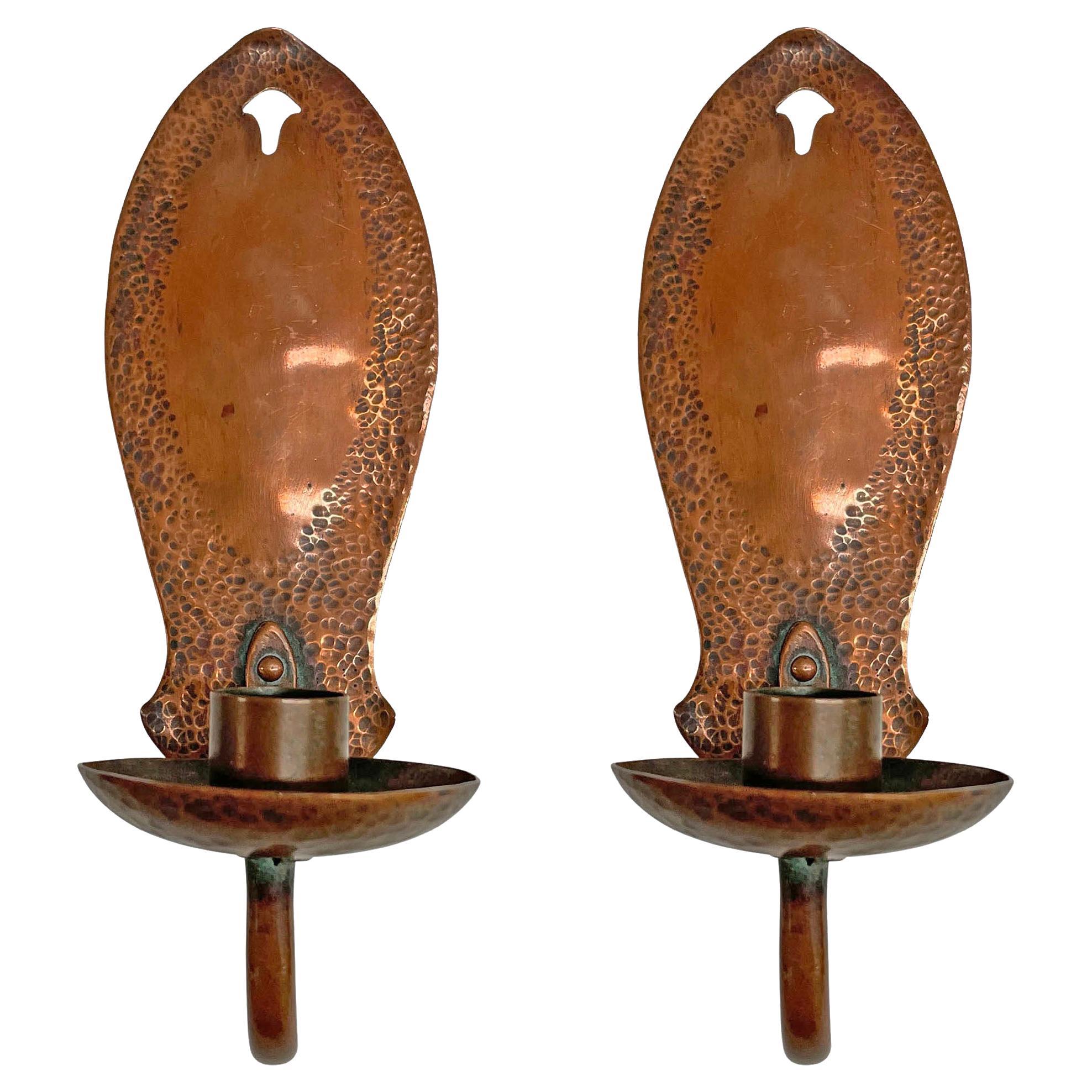 Pair of English Arts & Crafts Hammered Copper Candle Sconces