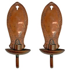 Pair of English Arts & Crafts Hammered Copper Candle Sconces