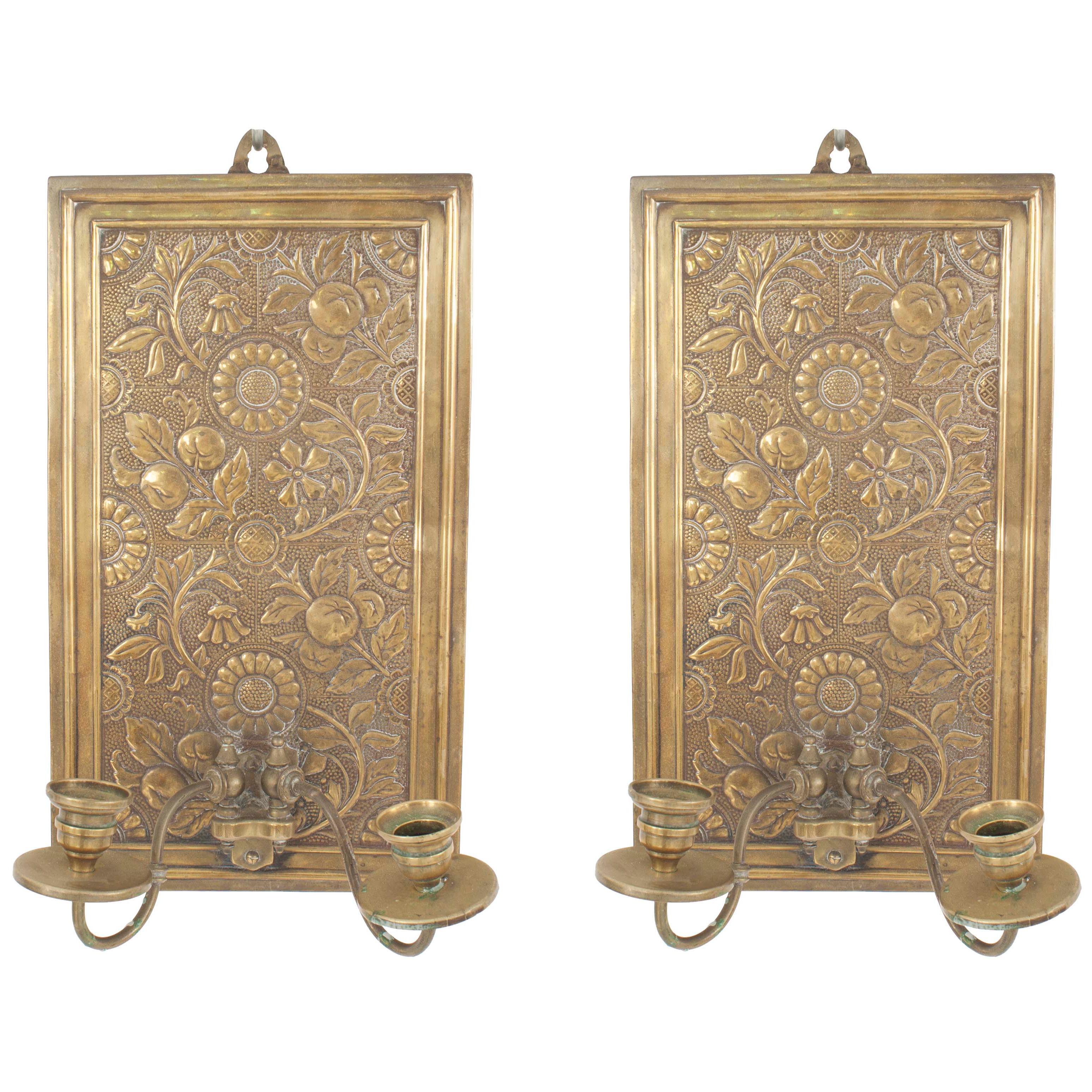 Pair of English Arts & Crafts Brass Embossed Sconces For Sale