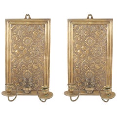 Pair of English Arts & Crafts Brass Embossed Sconces