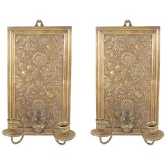 Antique Pair of English Arts & Crafts Brass Embossed Sconces