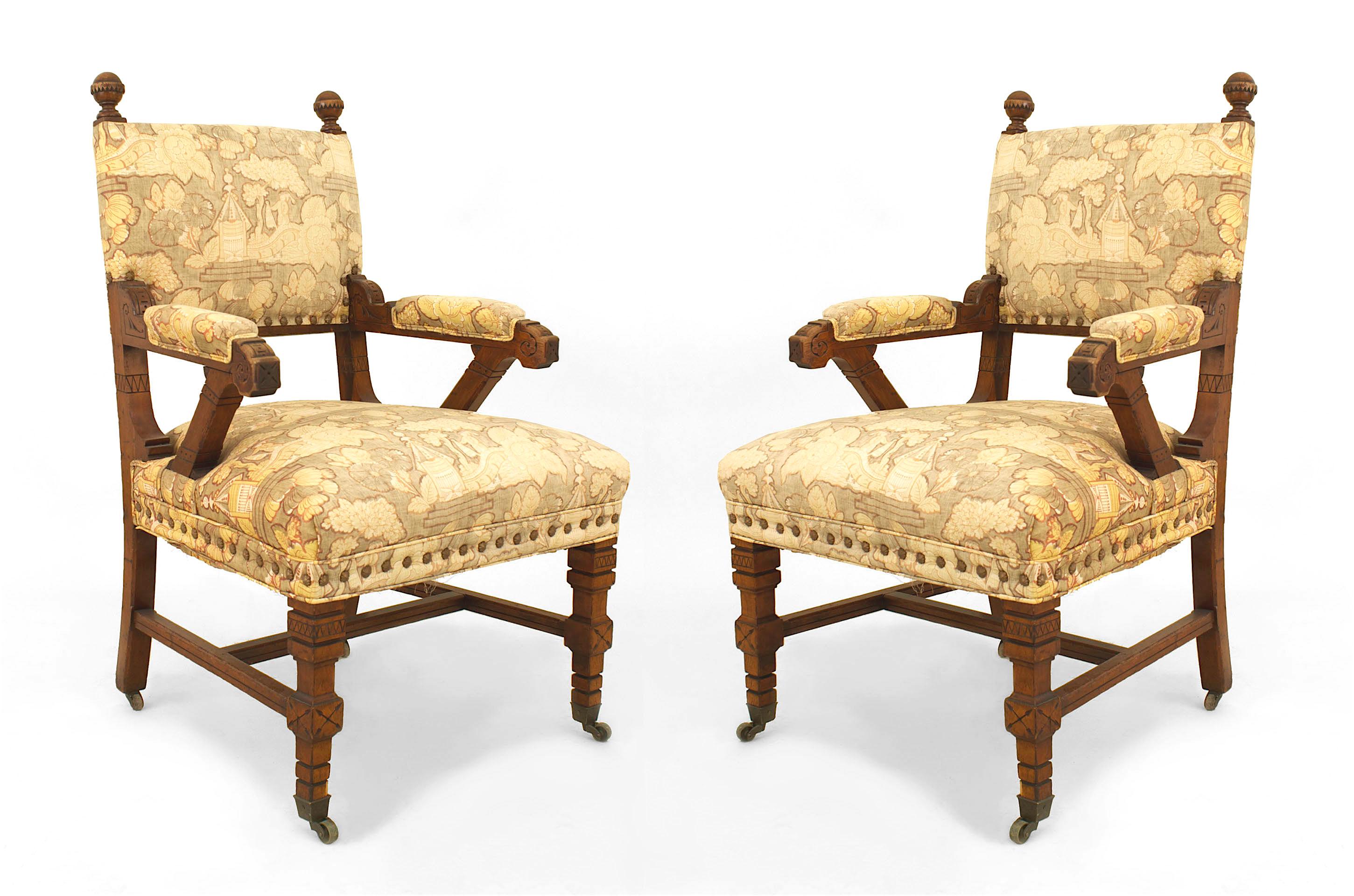 Pair of English Arts & Crafts (Aesthetic Movement) mahogany Armchairs with finials on back and an 