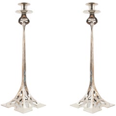 Pair of English Arts & Crafts Silver-Plated Pewter Candlesticks