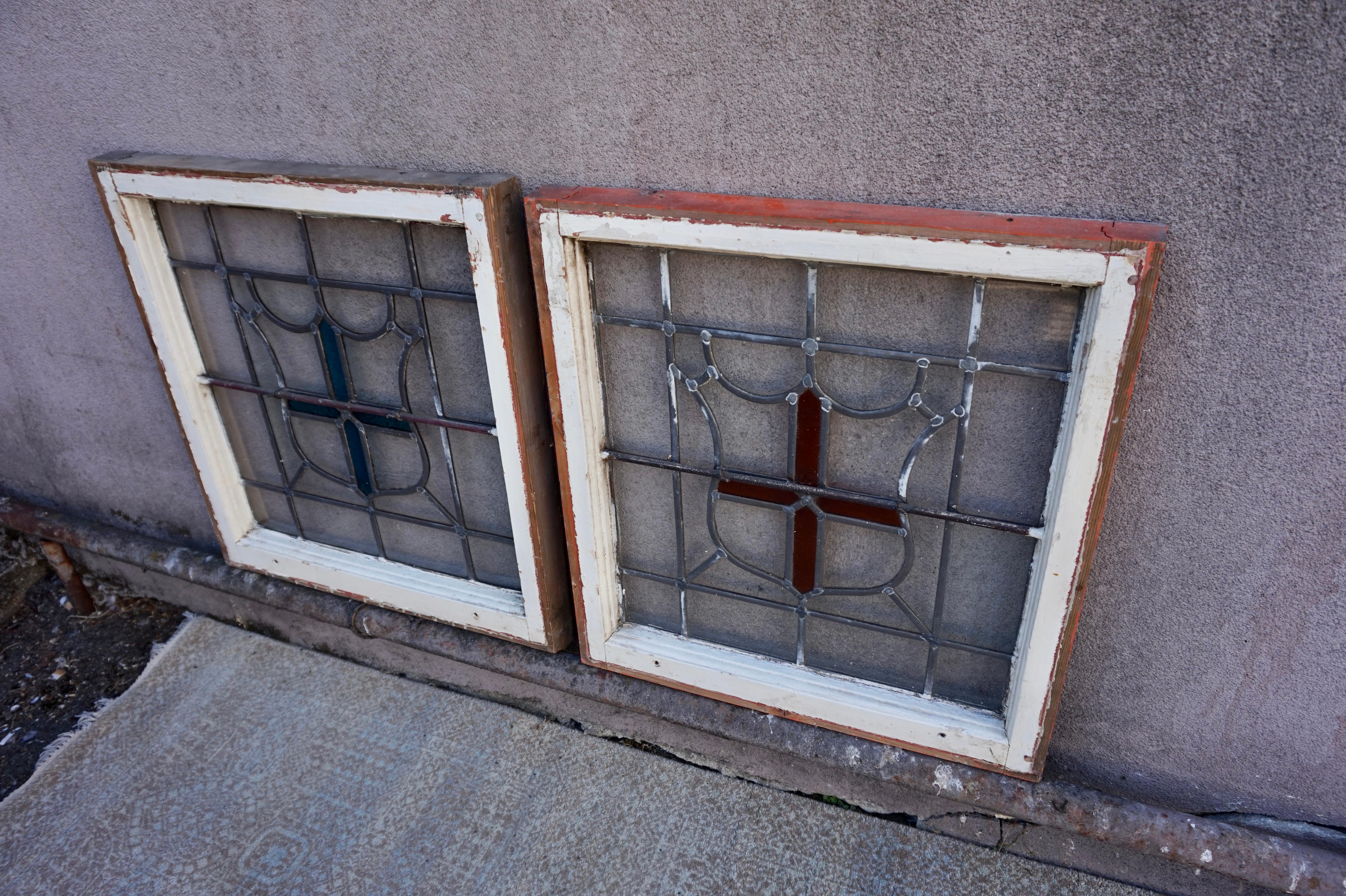 Hand-Crafted Pair of English Arts & Crafts Stain Glass Windows with Crest Shields For Sale