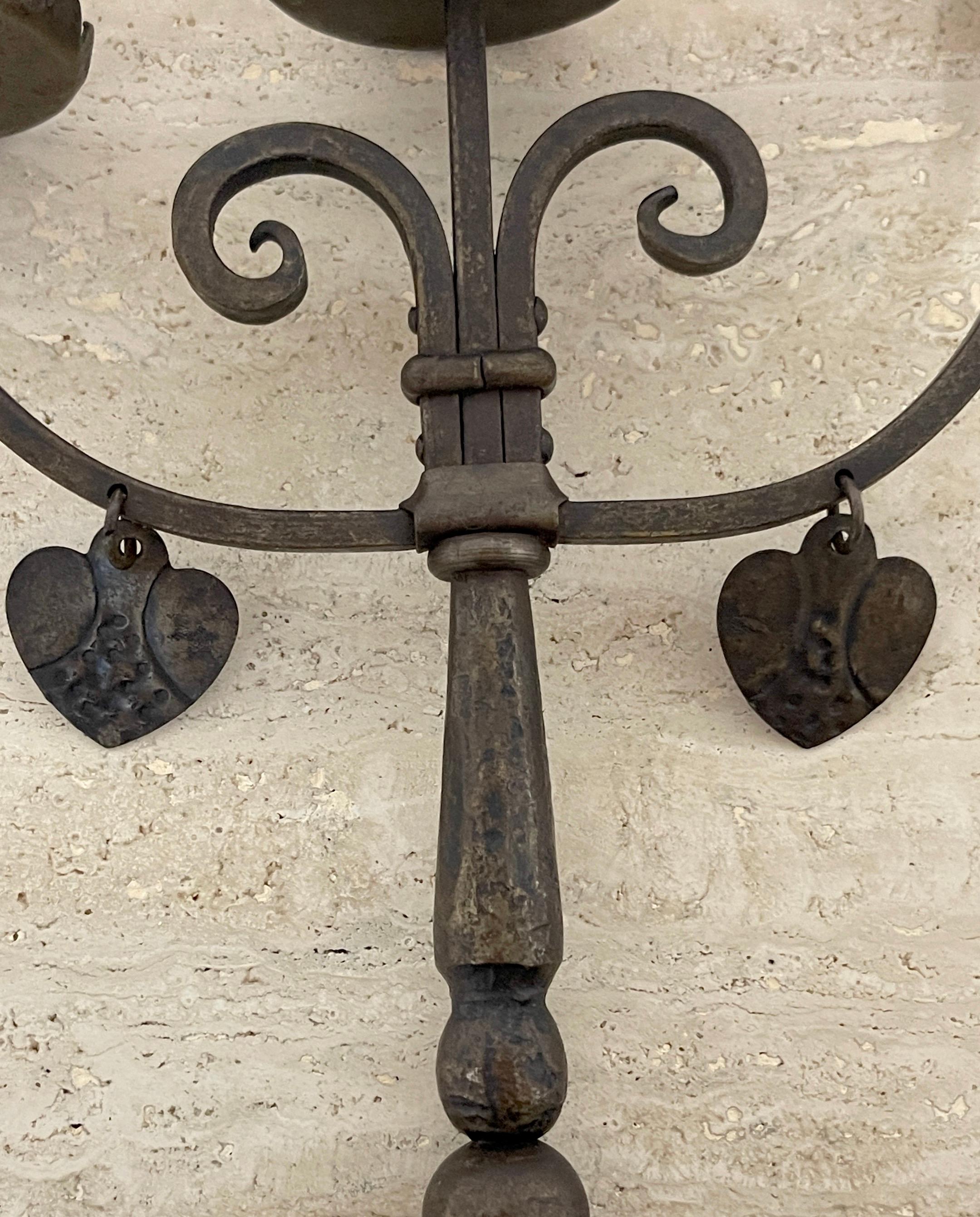 Pair of English Arts & Crafts Wrought Iron Three Candelabra with Hearts For Sale 5