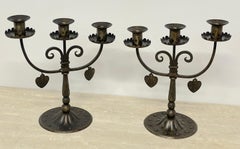 Pair of English Arts & Crafts Wrought Iron Three Candelabra with Hearts