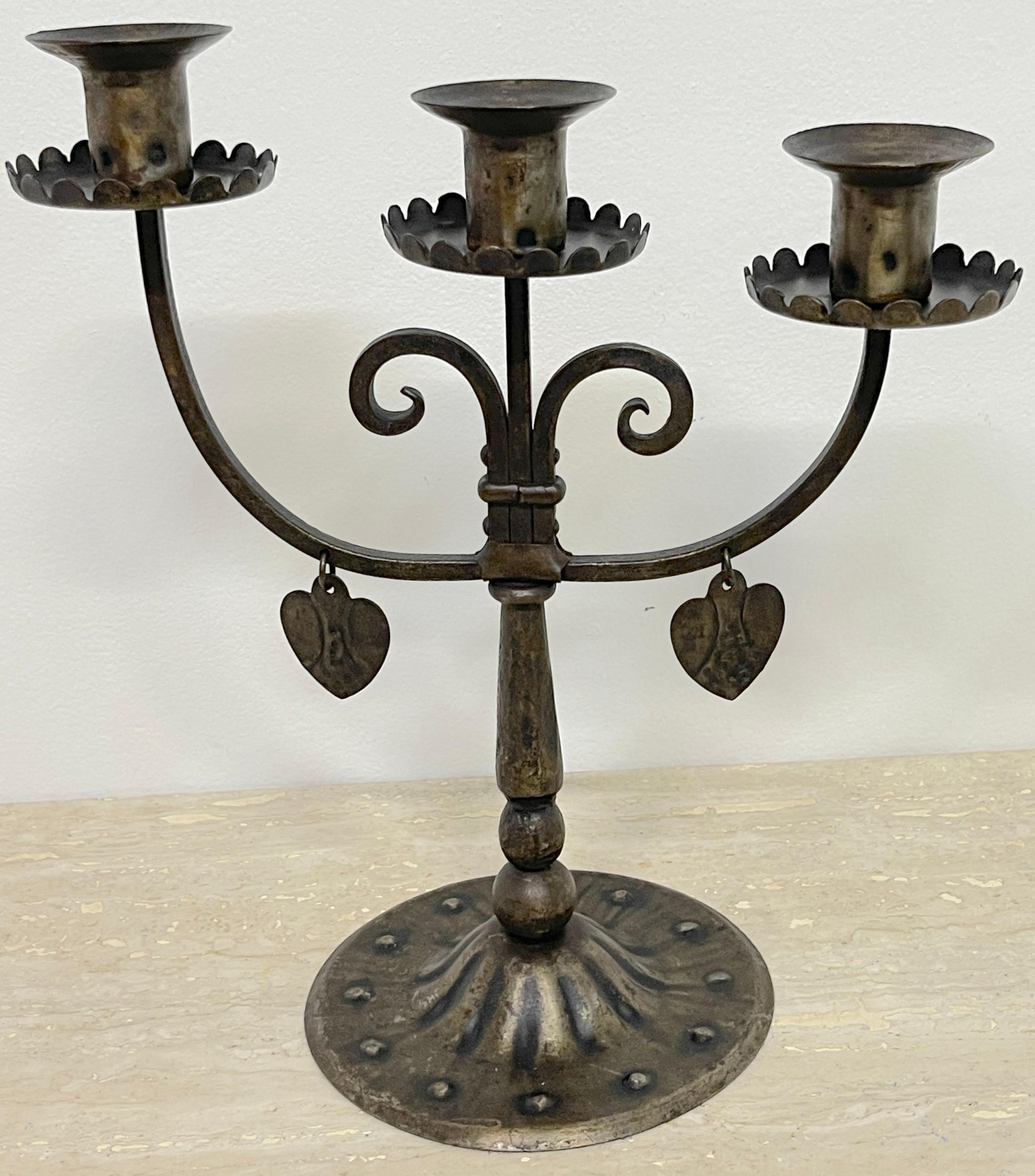 Arts and Crafts Pair of English Arts & Crafts Wrought Iron Three Candelabra with Hearts For Sale