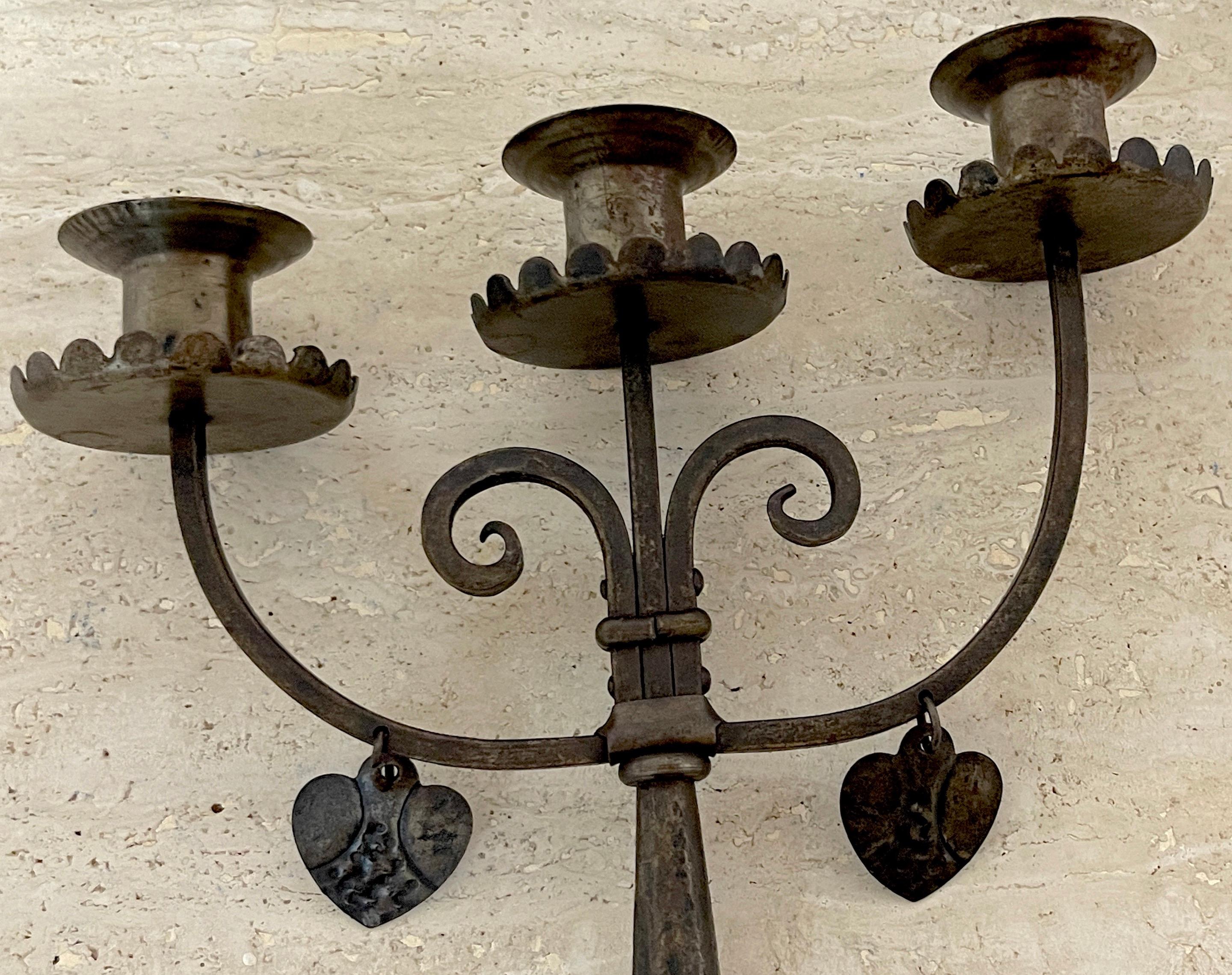 Pair of English Arts & Crafts Wrought Iron Three Candelabra with Hearts For Sale 3