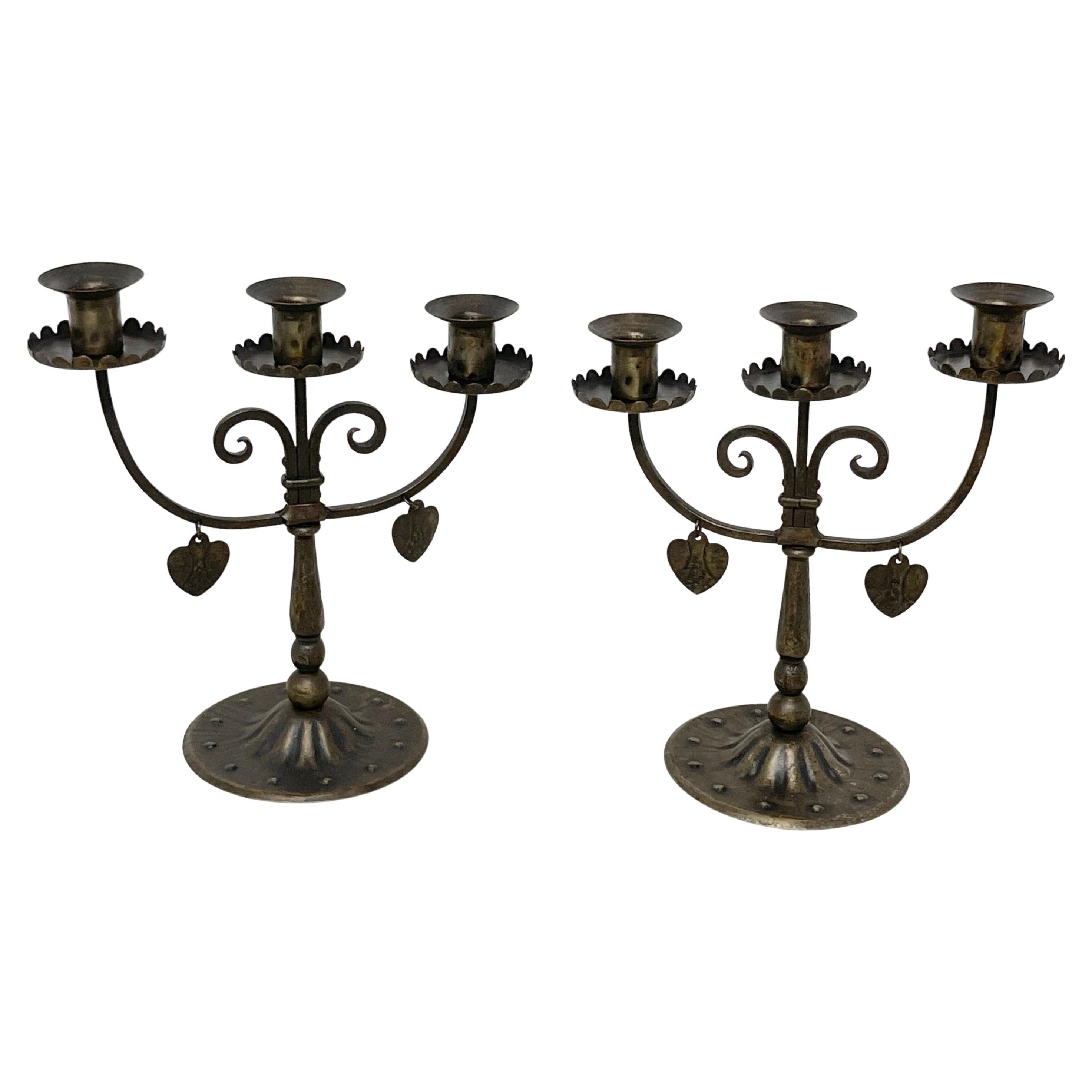Pair of English Arts & Crafts Wrought Iron Three Candelabra with Hearts