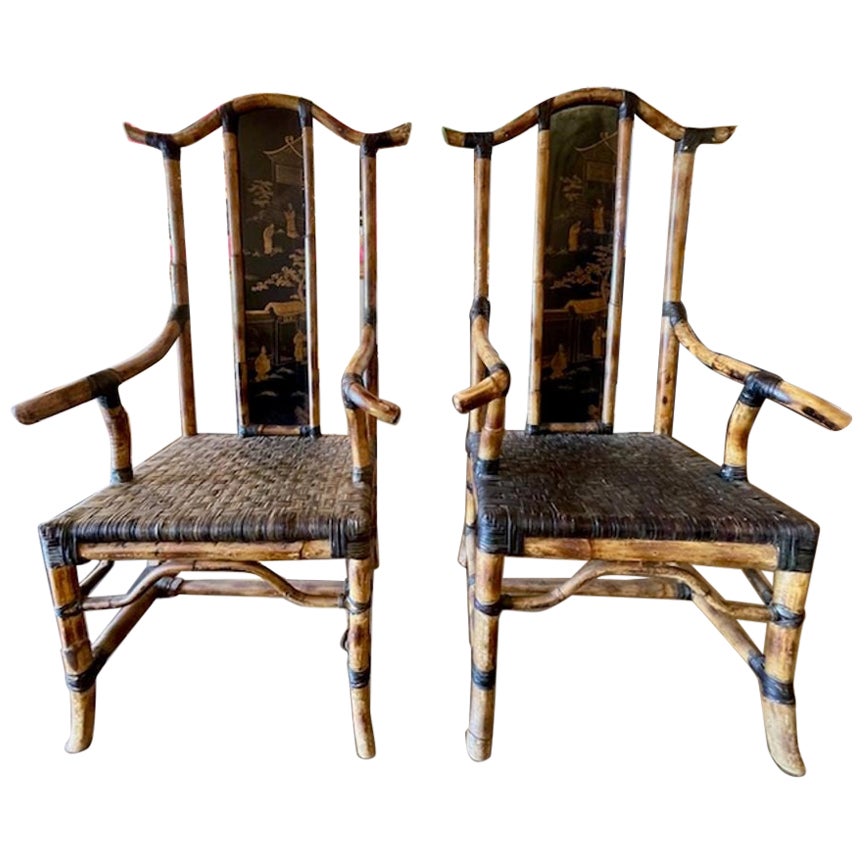 Pair of English Bamboo and Chinoiserie High Back Chairs