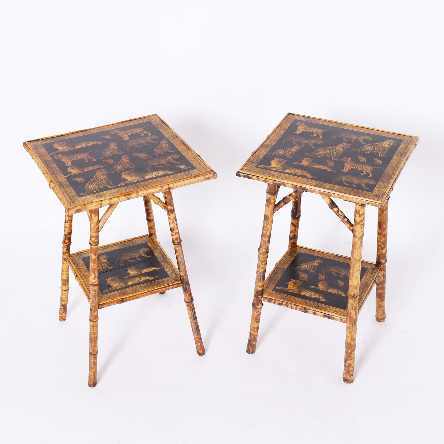 Victorian Pair of English Bamboo Tiger Decoupage Stands or Tables For Sale