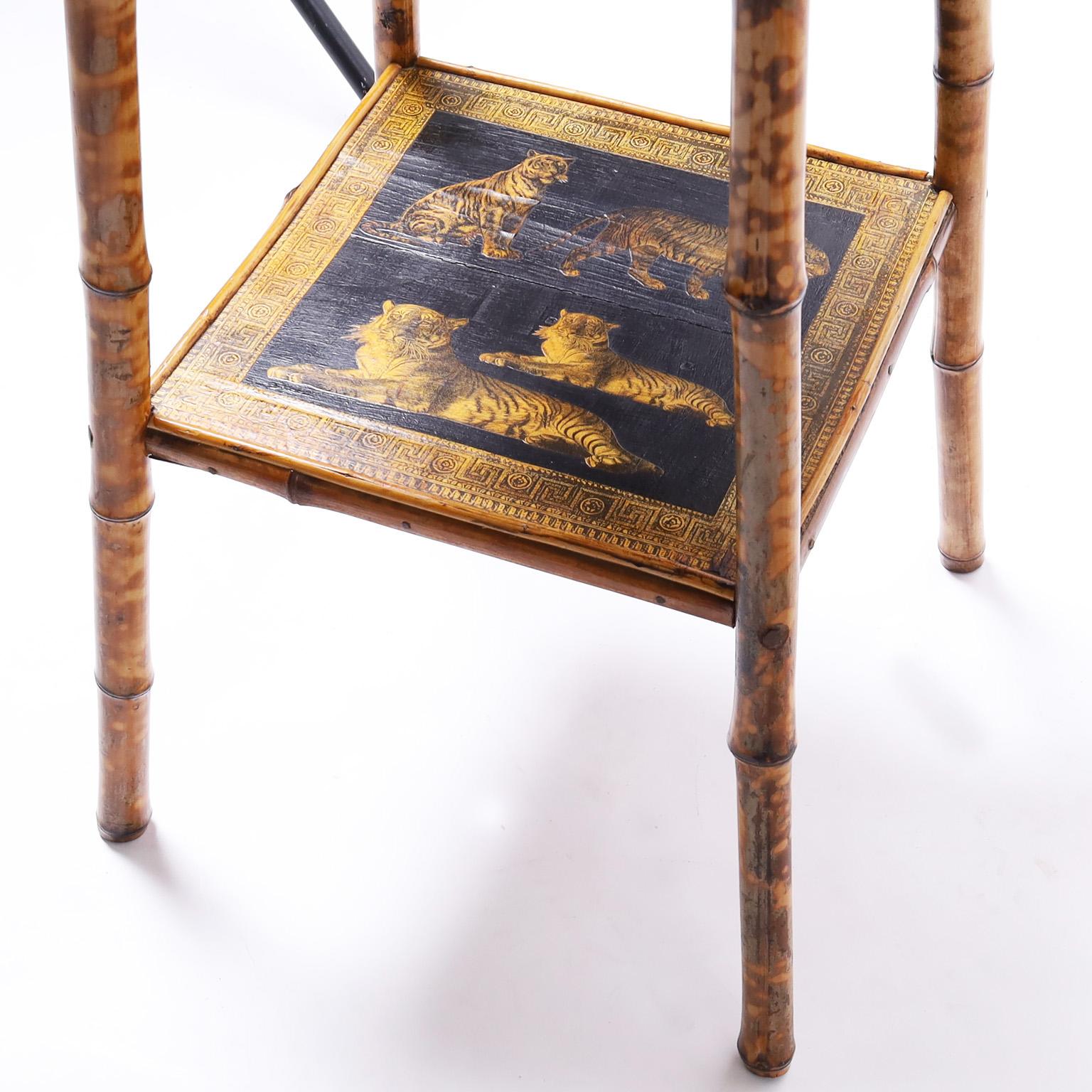 19th Century Pair of English Bamboo Tiger Decoupage Stands or Tables For Sale