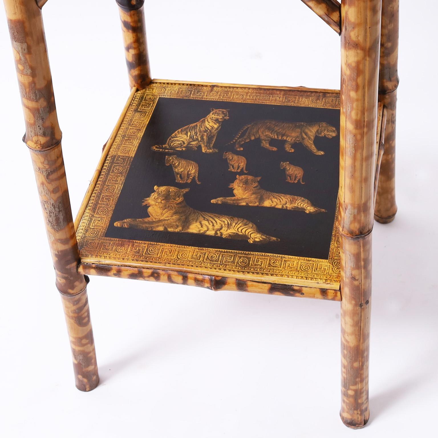 Pair of English Bamboo Tiger Decoupage Stands or Tables For Sale 3