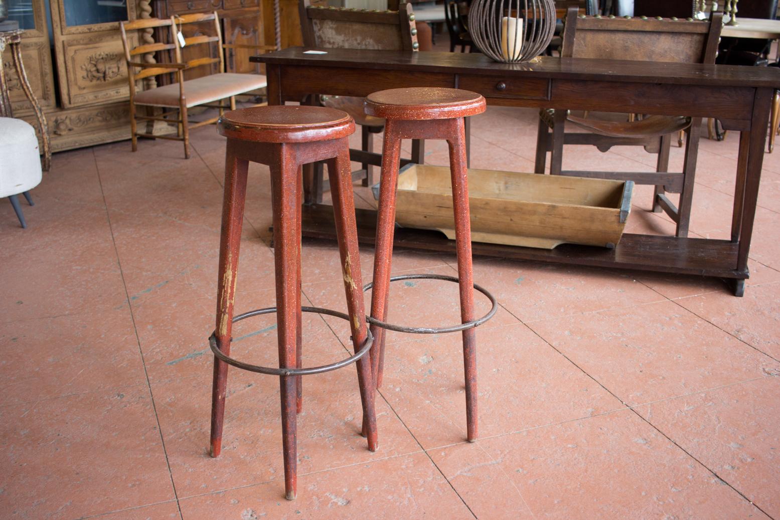 Pair of vintage bar stools, with original porphyry faux finish.