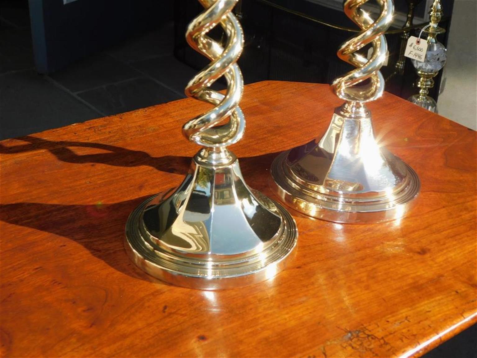 Cast Pair of English Barley Twist Candlesticks with Circular Faceted Bases, C. 1840 For Sale