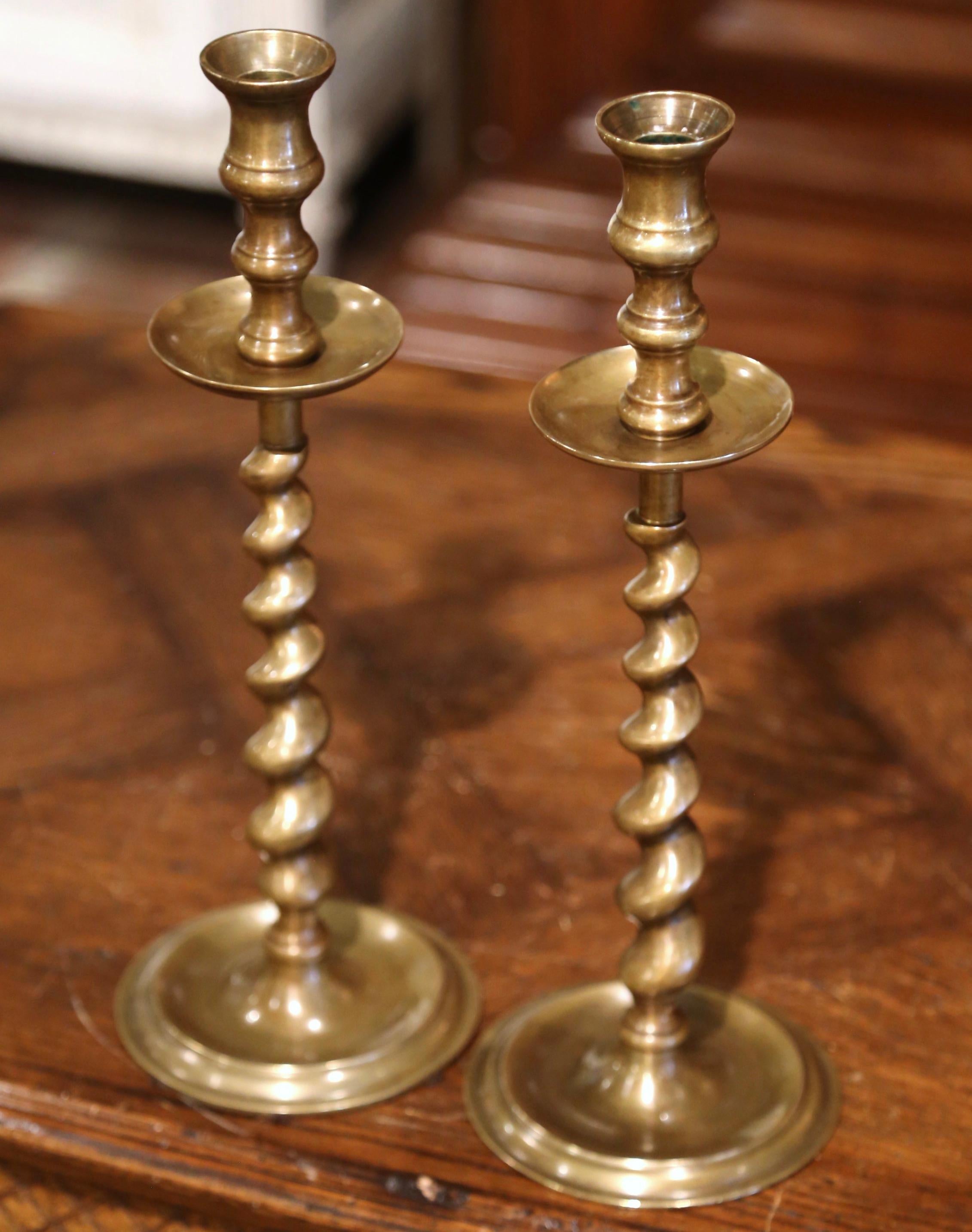 Pair of English Barley Twist Patinated Brass Candle Holders In Excellent Condition In Dallas, TX