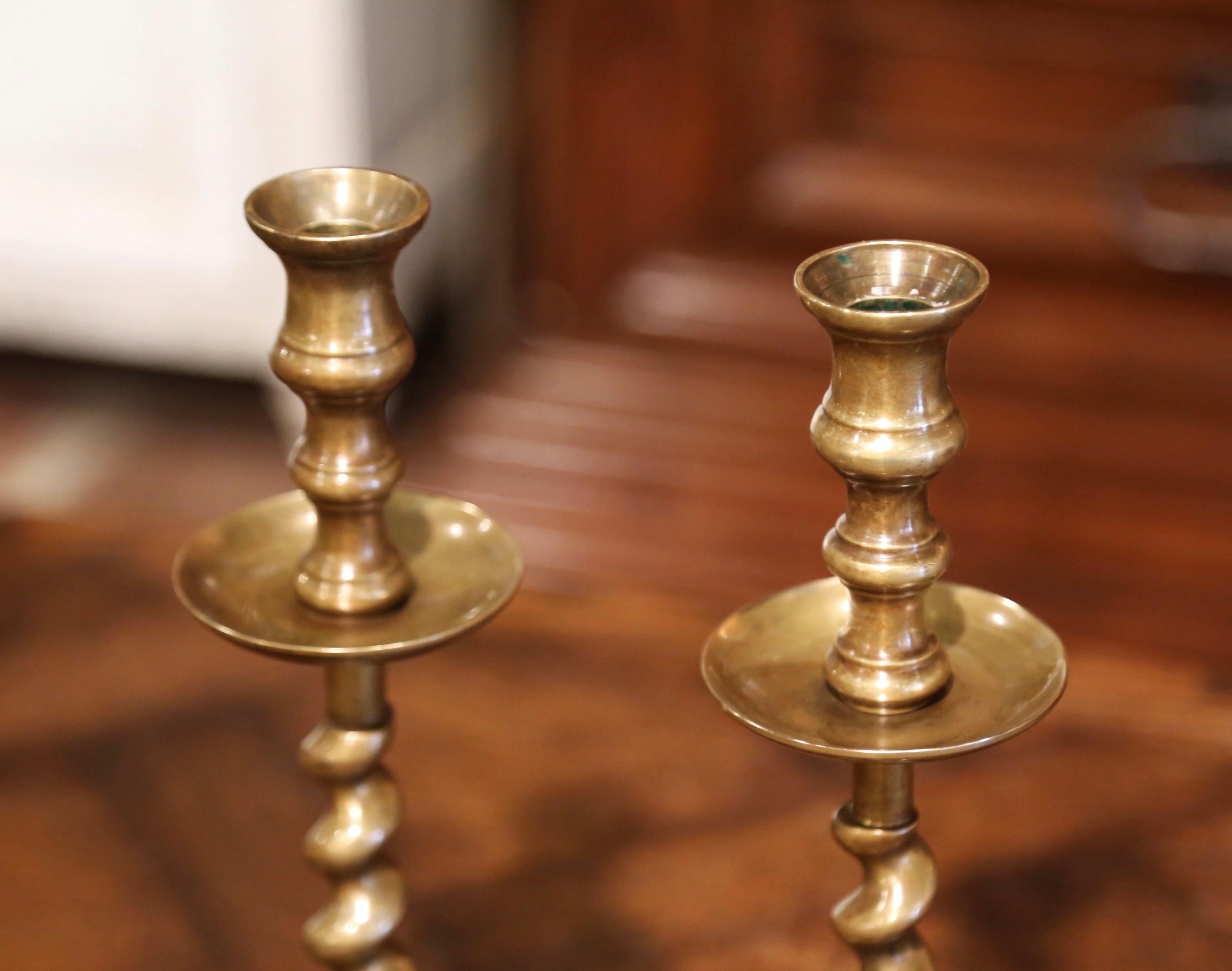 20th Century Pair of English Barley Twist Patinated Brass Candle Holders