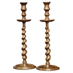 Pair of English Barley Twist Patinated Brass Candle Holders